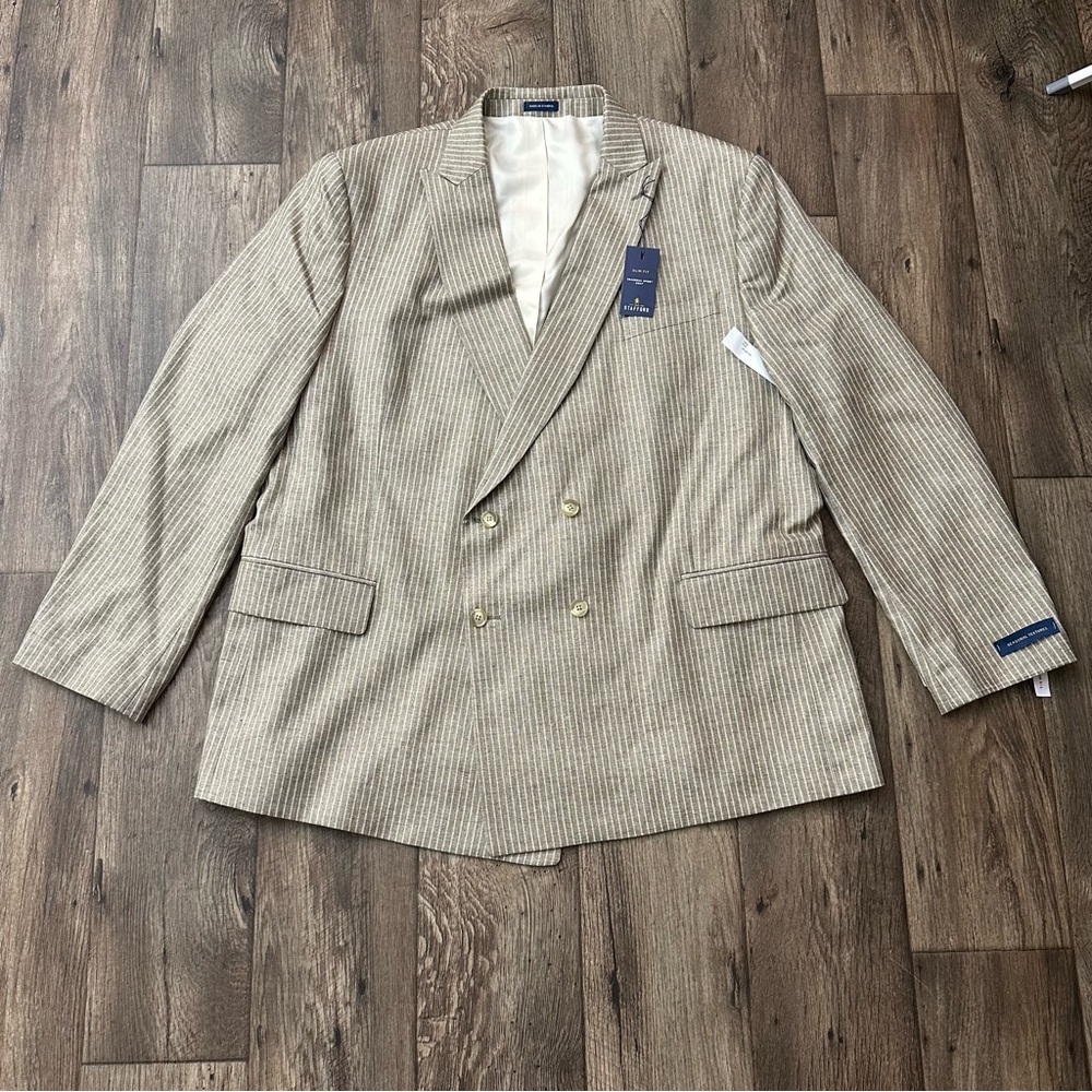 Stafford Double Brested Suit Blazer Linen Blend Sport Coat Jacket 52R Tan
